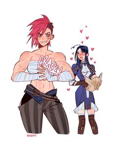 two anime characters one with pink hair and the other wearing black pants, holding papers