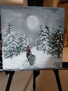 a painting of a person standing in front of snow covered pine trees with a full moon behind them