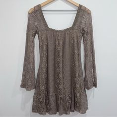 Lace Square Neck Tunic Dress Nwt Size: S Color: Taupe Beige Lace Long Sleeve Mini Dress, Beige Lace Mini Dress With Long Sleeves, Beige Long Sleeve Lace Mini Dress, Flowy Beige Lace Mini Dress, Beige Lace Mini Dress For Fall, Fall Beige Lace Mini Dress, Beige Mini Lace Dress For Brunch, Beige Lace Casual Mini Dress, Bohemian Beige Lace Mini Dress