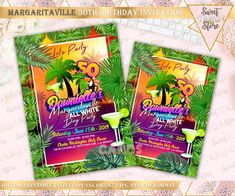 two birthday party flyer templates with drinks and palm trees