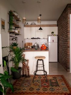 a kitchen area with a rug, potted plants and a bar stool in it