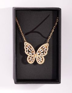 Description
Lovisa diamond simulants are cut to be indistinguishable to the human eye from a true diamond and this necklace will add that luxe element to any look. It features a classic short chain length and a 3D butterfly design, making it perfect for event ensembles. Pair this statement gold-toned necklace with the matching earrings and ring to make an impact.

Length: 46cm + 8cm (chain extension: 
Pendant: 20mm (L) x 25mm (w) 
Weight: 6g Wide Choker Necklace, The Human Eye, Fashion Jewellery Online, Mesh Necklace, 3d Butterfly, Bold Earrings, Human Eye, Diamond Simulant, Necklace Online