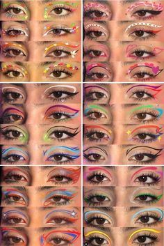 Fun Graphic Liner Makeup, Colored Eyeliner Ideas, Fun Graphic Eyeliner, Experimental Makeup Looks, Rave Glitter Makeup, Fun Makeup Ideas Colorful Easy, Funky Eyeliner Looks, Doja Cat Concert Outfit Ideas, Subtle Graphic Liner