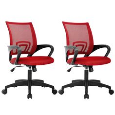 two red office chairs with wheels and arms