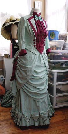 Raspberry Mint Sorbet Bustle Dress Part the Second, aka Adventures in Bodice-ing | The Modern Mantua-Maker 1880s Fashion Women, 1890s Bodice, 1880s Dress, 1880 Dress, Bustle Dresses, 1870s Dress, Mint Sorbet, Victorian Era Dresses, Walking Dress