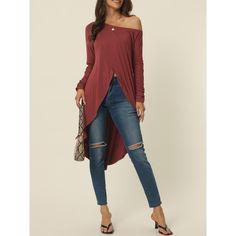 Introducing the perfect addition to your wardrobe - the long-sleeved asymmetrical irregular hem top for spring and fall. This versatile top matches perfectly with any pants, high-waist jeans, leggings, and shoes like sandals or heels. It's the ideal choice for both day and evening occasions, adding a touch of elegance and style to any outfit. The off-shoulder and asymmetrical hem details add a bit of charm, making it a must-have for any fashion-forward individual. Don't miss out on this fashion Casual Tunics, Irregular Hem, Jeans Leggings, Charm Making, Hem Top, Waist Jeans, Tunic Blouse, Matching Top, Asymmetrical Hem