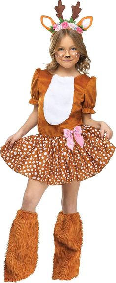 Oh Deer! Child Costume 100% polyester Exclusive of Trim Imported Pull On closure Hand Wash Only Includes: Dress with attached tail headband with ears boot covers Your daughter can prance through her trick-or-treating route with all the grace of Bambi when she has on our Girls Oh Deer! Child Costume! This deer outfit gives your daughter the opportunity to become her favorite animal from her school camping trips. When she sees the gorgeous brown color of the deer fur on this costume, shes going to Dear Costume, Deer Dress, Animal Halloween Costumes, Deer Costume, Fancy Dress Halloween Costumes, Deer Girl, Kids Costumes Girls, Boot Covers, Fun World