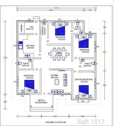 a blueprinted floor plan for a house with three rooms and two bathrooms on each side