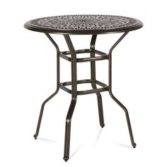 an outdoor table with metal legs and a circular design on the top, against a white background