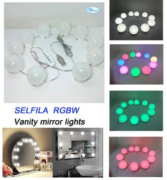 several different types of vanity mirrors with lights on top and below them, all in various colors