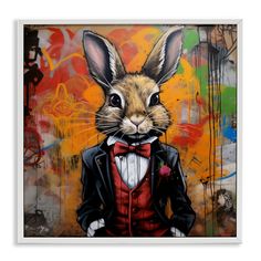 a painting of a rabbit dressed in a tuxedo and bow tie with graffiti on the wall behind it