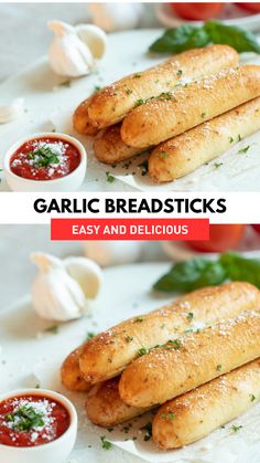 garlic breadsticks on a plate with dipping sauce