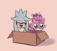 two cartoon characters are sitting in a cardboard box