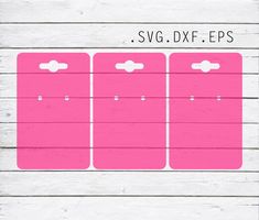 three pink tags with white dots on them and the words svg dxf eps