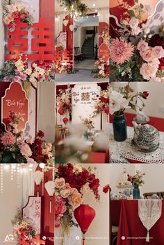 a collage of photos with flowers and decorations in red, white and pink colors