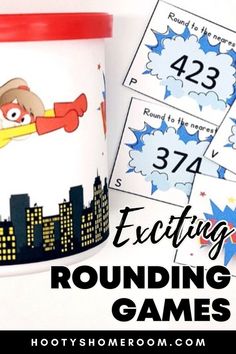 a cup with the words exciting rounding games on it next to a cityscape