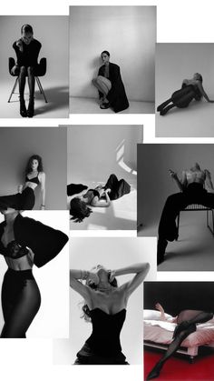 black and white photo collage with woman in high heels, man sitting on chair