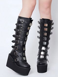 Black  Collar     Embellished   Women Shoes Gothic High-top Platform Wedge Boots, Winter Platform Boots For Cosplay, Gothic Wedge Boots With Platform And Round Toe, Edgy Winter Platform Boots For Cosplay, Punk Style High Ankle Wedge Boots With Platform, Punk Style Faux Leather Platform Boots For Concert, Punk Style Platform Boots For Concerts, Edgy High Heel Platform Wedge Boots, High-top Platform Wedge Boots For Alternative Fashion