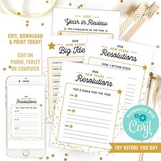 three new year's resolution cards with gold foil and confetti on them