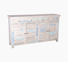 an old wooden cabinet with blue and white paint on the doors, sideboard or cupboard