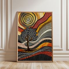 an abstract painting with a tree and swirls in the background on a wooden floor