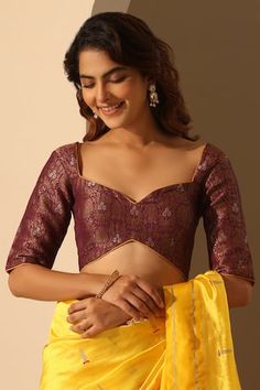 Purple brocade blouse with piping and floral hand embroidery. Components: 1 Pattern: Hand embroidered Type Of Work: Floral Neckline: Sweetheart Sleeve Type: Half Fabric: Brocade Color: Purple Other Details:  Model Height : 5 ft 6 inches, wearing size S Note : Saree worn by the model is not for sale. Occasion: Wedding - Aza Fashions Sweetheart Blouse, Floral Hand Embroidery, Women Saree, Brocade Blouse, Saree Blouses, Blouse Design Models