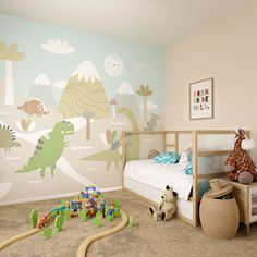 a child's bedroom decorated in pastel colors with dinosaurs and trees on the wall