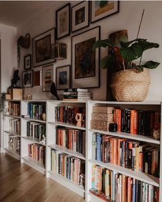 a bookshelf filled with lots of books next to a wall full of pictures