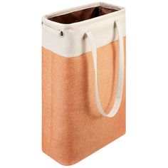 an orange and white tote bag is shown on a white background with the handles down