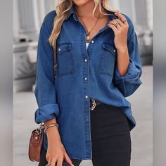 This Stylish Denim Top Has A Relaxed Vibe With Its Dropped Shoulder And Casual Design. It Features A Collared Neckline And Comes With Convenient Pockets And A Buttoned Front. The Top Has A Long Length, And The Sleeves Are Also Long, Making It Perfect For Cooler Weather. Wear It With Your Favorite Black Pair Of Jeans To Complete The Laid-Back Look. Pockets Buttoned Collared Neck Length: Long Long Sleeves Fabric: 95% Rayon, 5% Polyester Stretch: No Stretch Measurements: S: Bust 44.9 In, Shoulder 1 Casual Denim Jacket, Denim Coat Women, Long Sleeve Denim Jacket, Denim Outfits, Formal Pants, Women Coat, Shirt Vest, Long Sleeves Coats, Denim Jacket Women