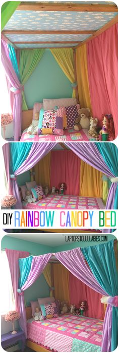 the canopy bed is decorated with colorful curtains and teddy bears on it's sides