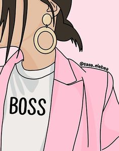 a drawing of a woman wearing a pink jacket with the word boss printed on it