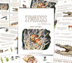 an illustrated book with pictures of animals and other things on it's cover, including the words symblosis in medicine