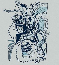 an artistic drawing with blue and white colors on a light gray background that says, magia ave