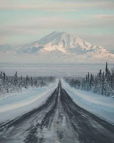 an empty road with snow covered trees and mountains in the background