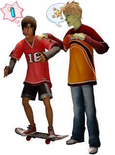 two young men standing next to each other on skateboards