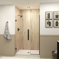 a bathroom with a walk in shower next to a white rug and pictures on the wall