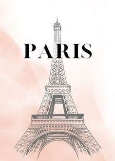 the eiffel tower is shown in black and white on a light pink background