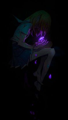 an anime character sitting in the dark with purple light on her face and hands behind her back