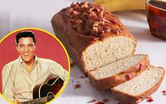 a loaf of bread with bacon on it next to a photo of a man holding a guitar