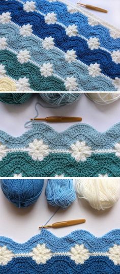 crocheted afghans and knitting needles are shown in three different pictures, one is blue with white snowflakes