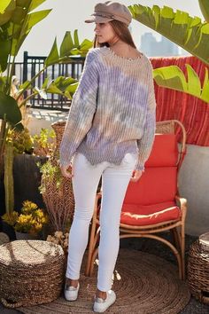 STYLE INFORMATION: Transition into cooler weather in the Easy Vibes Lavender Tie-Dye Snag Sweater! Distressed V-neck sweater in a lavender multi tie-dye print (in hues of lavender, blush, teal, and ivory) with long drop sleeves and slouchy fit. Ripped detail on neckline, sleeves, and hem. Wear with cute frayed hem jeans and booties for a chic cooler weather look. DETAILS & CARE: Acrylic Blend. Machine Wash Cold. Imported. SHIPPING: We offer free shipping over $100 for all orders in the Continent Lavender Tie, Ripped Sweater, Boho Pink, Lavender Blush, Frayed Hem Jeans, Tie Dye Sweater, Distressed Sweaters, Hem Jeans, Tie Dye Print