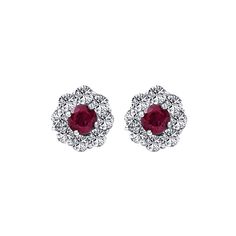 18K White Gold 0.34 Total Diamond Carat Weight Stone Count: 8 Round Diamonds Per Earring 0.34 Total Ruby Carat Weight One Round Ruby Center Stone Per Earring Post Backs Earring Post, Ruby Earrings, Diamond Carat, Diamond Flower, Ruby Diamond, Flower Studs, Stone Earrings, Diamond Studs, White Gold Diamonds