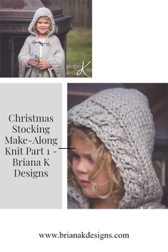 a woman wearing a knitted hat with the text christmas stocking make - along knitting part 1, bruna k designs