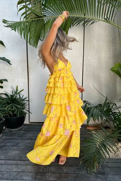 If sunshine were a dress, this one would be it! Her straps cross in the back with a tie to adjust to your comfort. The v-neck and ruffled tiers make her fun and flirty! This Callie Maxi is a must have for all this seasons events. Party Dress Aesthetic, Summer Garden Party, Garden Party Dress, Dress Aesthetic