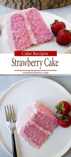 a slice of strawberry cake on a white plate