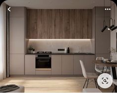 an image of a modern kitchen setting with wood paneling and white chairs in the foreground