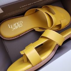 Nib Franco Sarto Mustard Gretta Flat Sandal 8. In Perfect Condition. Final Price. All Offers Will Be Blocked Mustard Leather Open Toe Sandals, Chic Yellow Slip-on Sandals, Chic Flat Yellow Sandals, Chic Yellow Flat Sandals, Yellow Leather Flat Heel Sandals, Mustard Leather Sandals For Summer, Yellow Closed Toe Sandals With Cushioned Footbed, Casual Yellow Sandals With Single Toe Strap, Franco Sarto Sandals