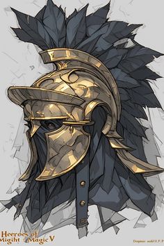 a drawing of a helmet with feathers on it