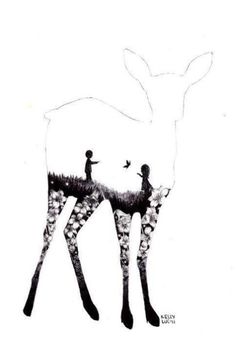 a drawing of two people standing next to each other with a deer in the background